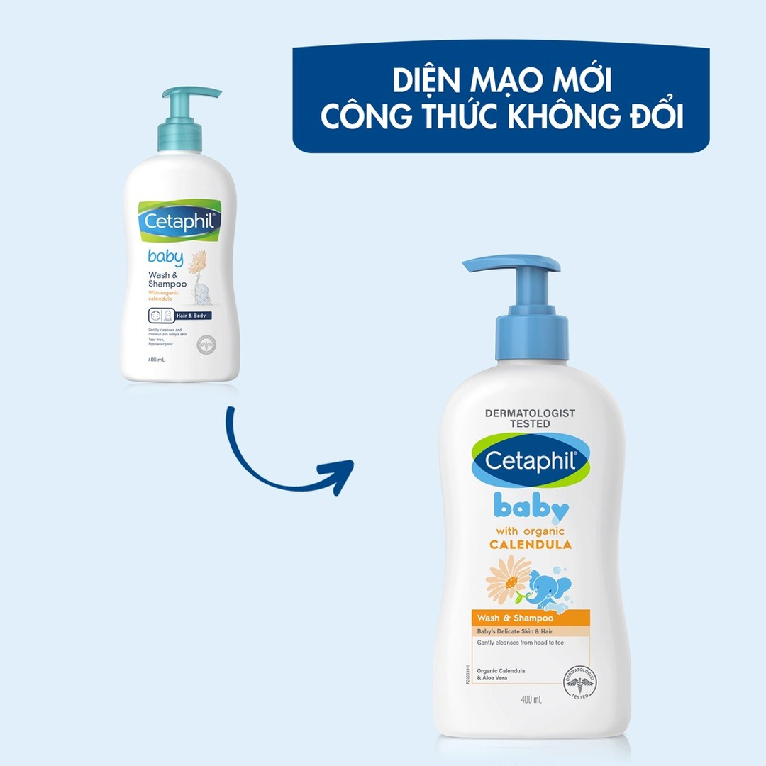 Sữa tắm gội cho bé Cetaphil Baby Wash &amp; Shampoo with Organic Calendula 400mL dưỡng chất hoa cúc