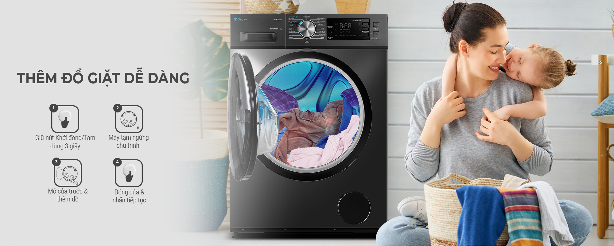 Máy Giặt Casper Nhập Khẩu nguyên chiếc từ Thái Lan cửa trước 12,5kg- WF125I140BGB