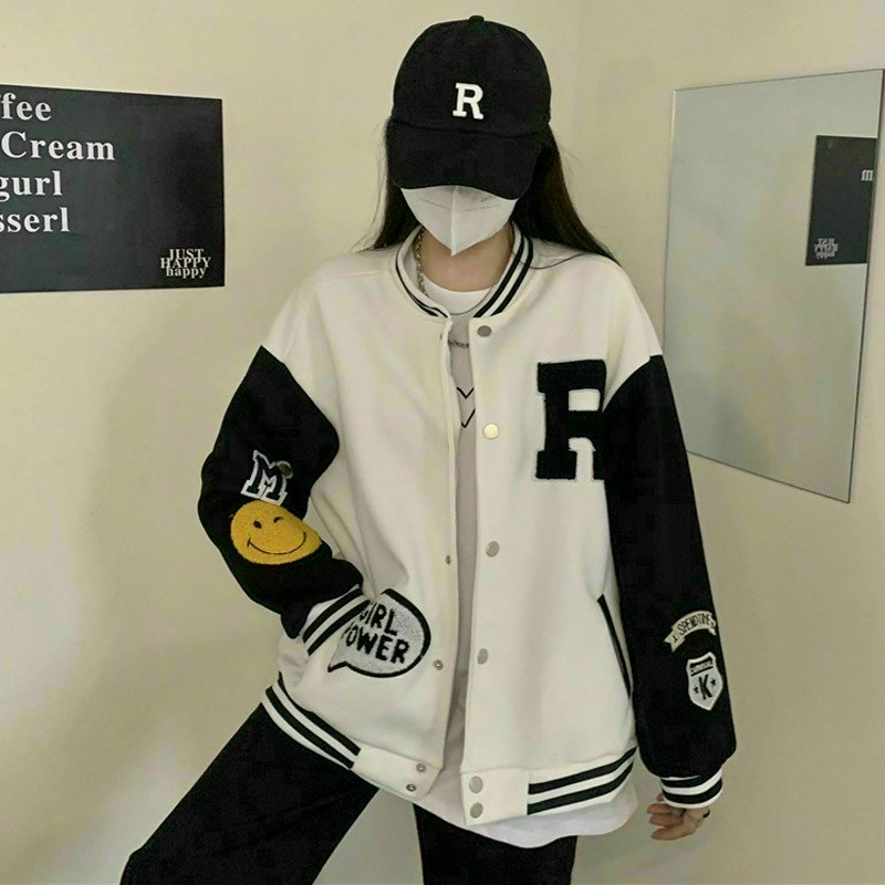 Áo Khoác Bomber Varsity Jacket in chữ R mặt cười cá tính form Unisex Nam Nữ, Áo Khoác cardigan Cá Tính In Thêu Logo, Chạy Viền Sọc, ÁO KHOÁC BOMBER R NỈ NGOẠI CAO CẤP GIRL POWER NAM NỮ, áo cardigan