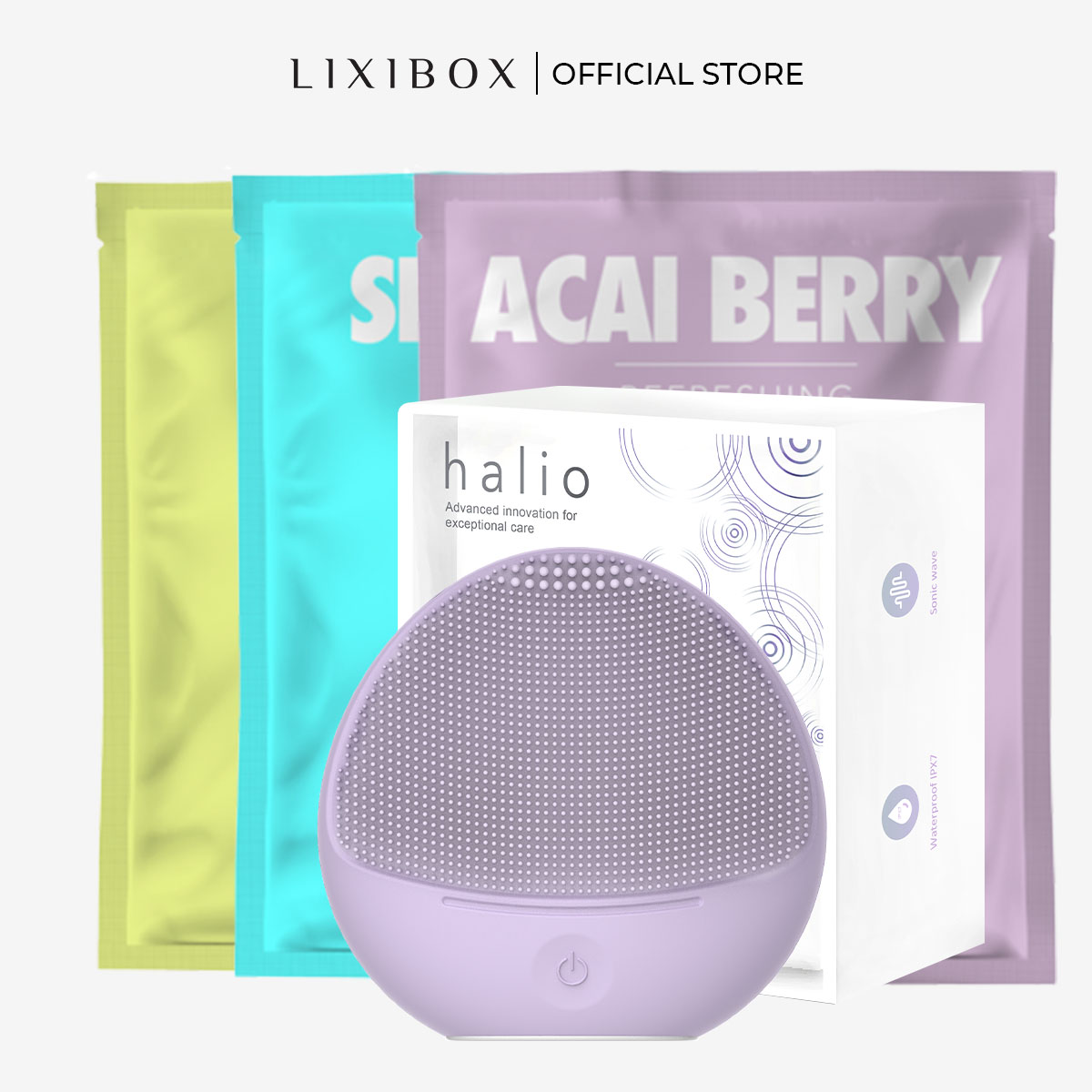 Combo Máy Rửa Mặt Và Massage Da Mặt Cho Da Nhạy Cảm Halio Sensitive - Tím Purple kèm 3 mặt nạ