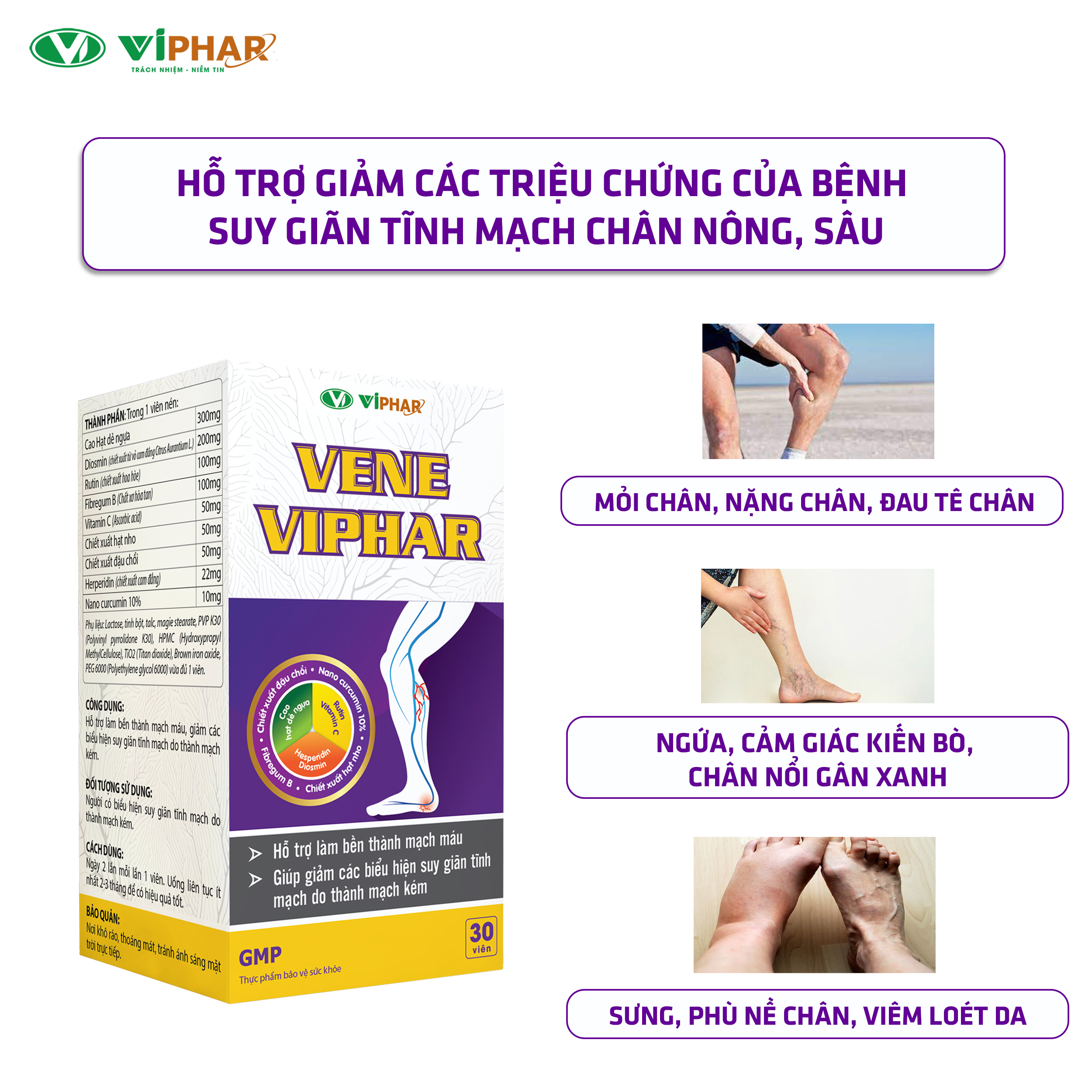 Viên Uống Giảm Tê Chân, Đau Chân, Mỏi Nặng Tức Chân, Phù Nề Chân, Loét Da Do Suy Giãn Tĩnh Mạch Chân VENE VIPHAR Hộp 30 Viên