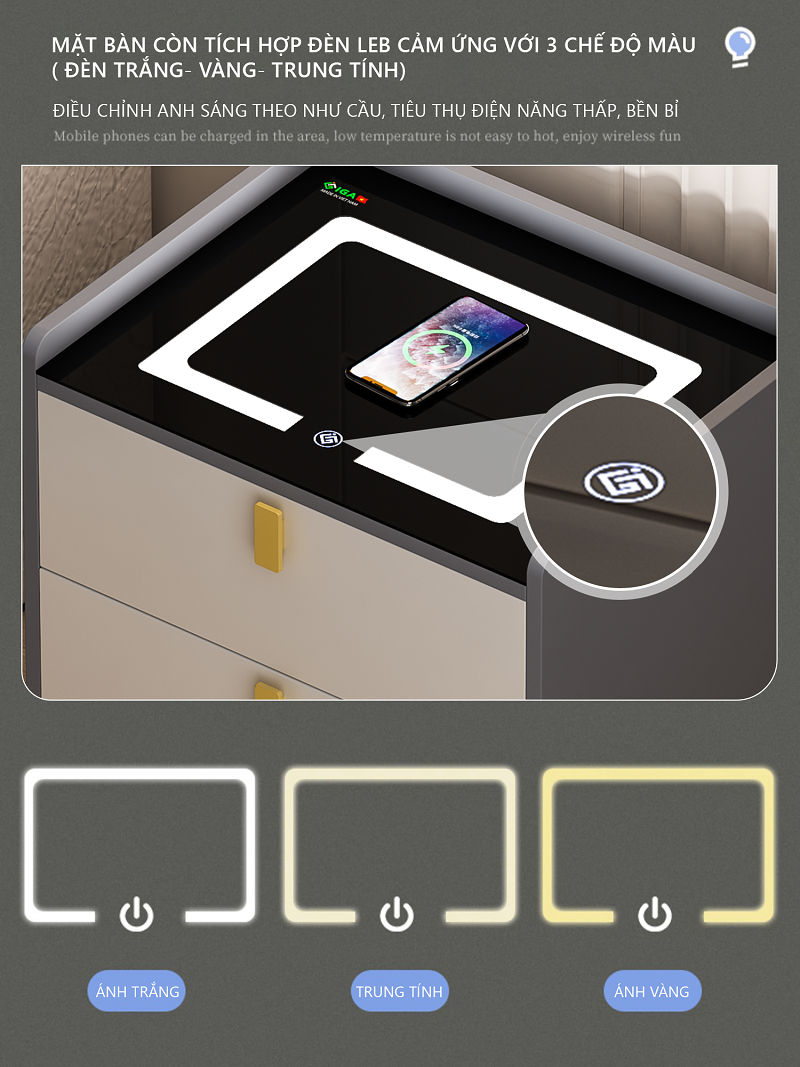 Tủ đầu giường thông minh tích hợp sạc điện thoại không dây, đèn cảm ứng 1 chạm thương hiệu IGA GP268
