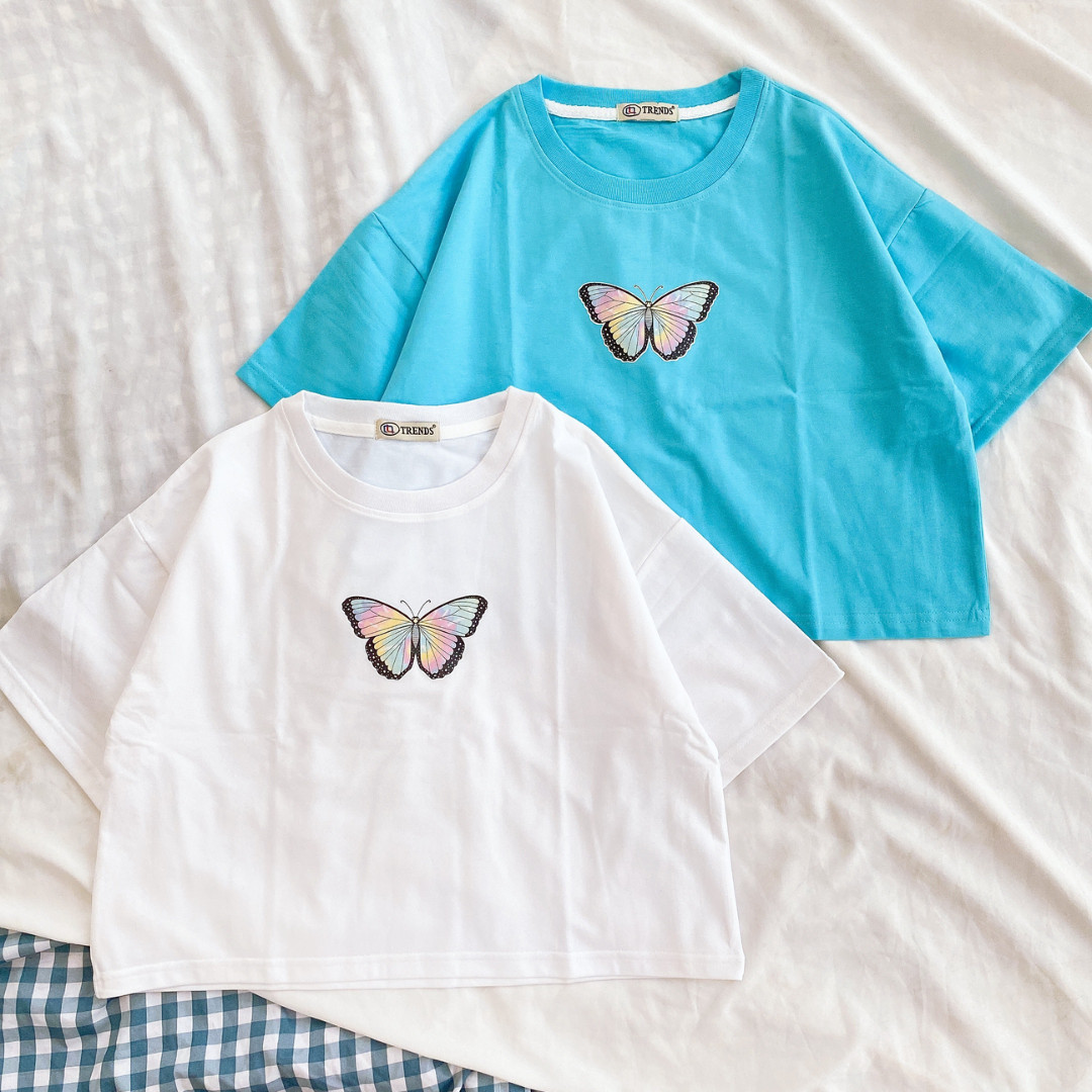 Áo Croptop Nữ Hoạ tiết RAINBOW BUTTERFLY &amp; TRIPLE BUTTERFLY 2 Màu Form Rộng