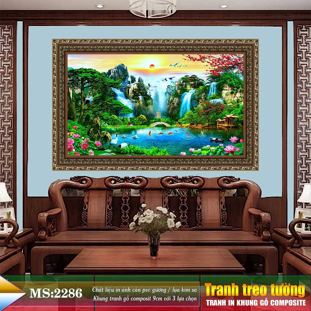 Tranh treo tường phòng khách, phòng ngủ SƠN THỦY HỮU TÌNH khung gỗ composit chất liệu pvc gương / lụa kim sa. MS:2286L9