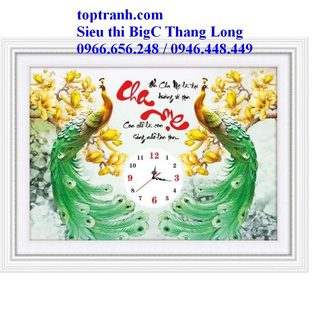 Tranh thêu chữ thập đồng hồ cha mẹ con công xanh và hoa lan trắng 88939 chưa thêu