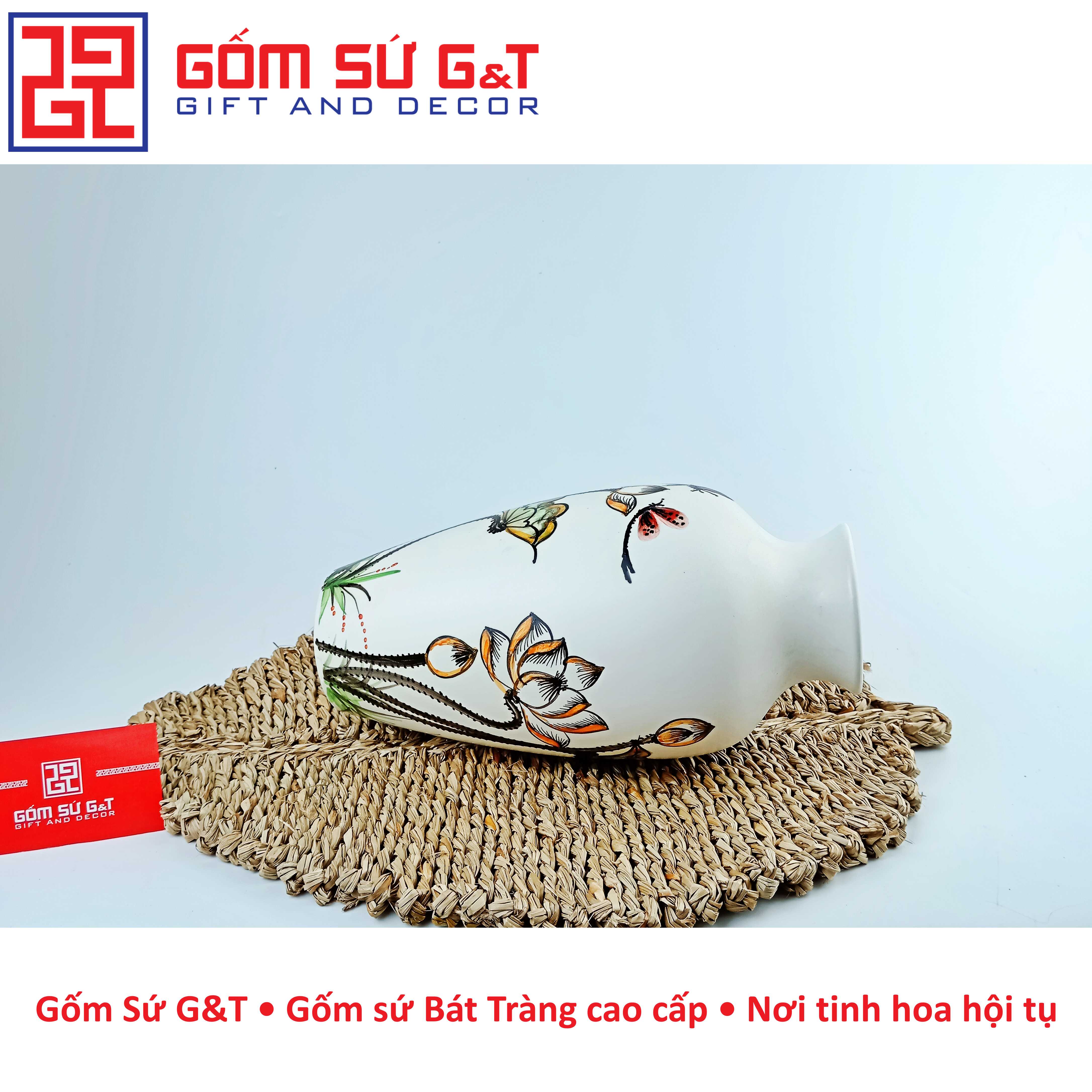 Lọ hoa dáng đùi dế vẽ sen chuồn Gốm Sứ G&amp;T