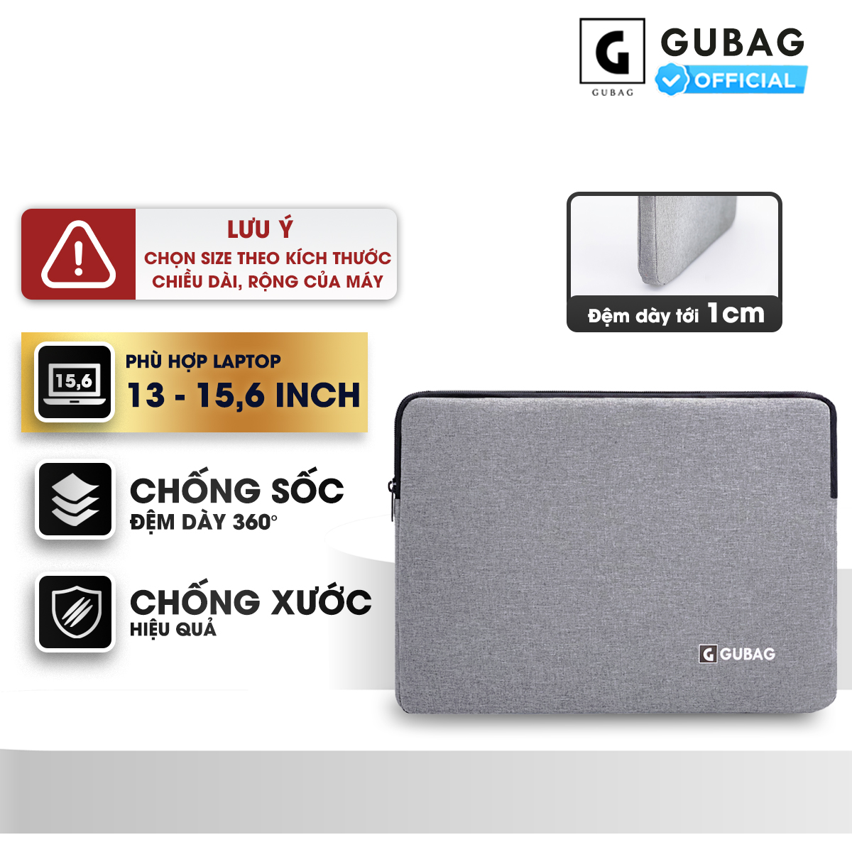 Túi Chống Sốc Đệm Viền Dày Gubag, Đựng Vừa Các Dòng Laptop, Chống Nước, Chống Xước - Màu Xám - 12Inch