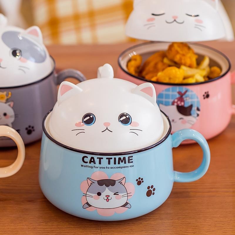 Tô Sứ Ăn Mỳ Hình Mèo Có Nắp Và Tay Cầm Dễ Thương Phong Cách Nhật