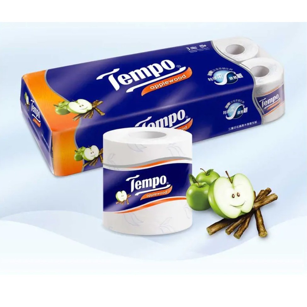 Giấy vệ sinh cao cấp Tempo Applewood (10 Cuộn/bịch) hương gỗ táo + tặng kèm lốc khăn giấy Memo
