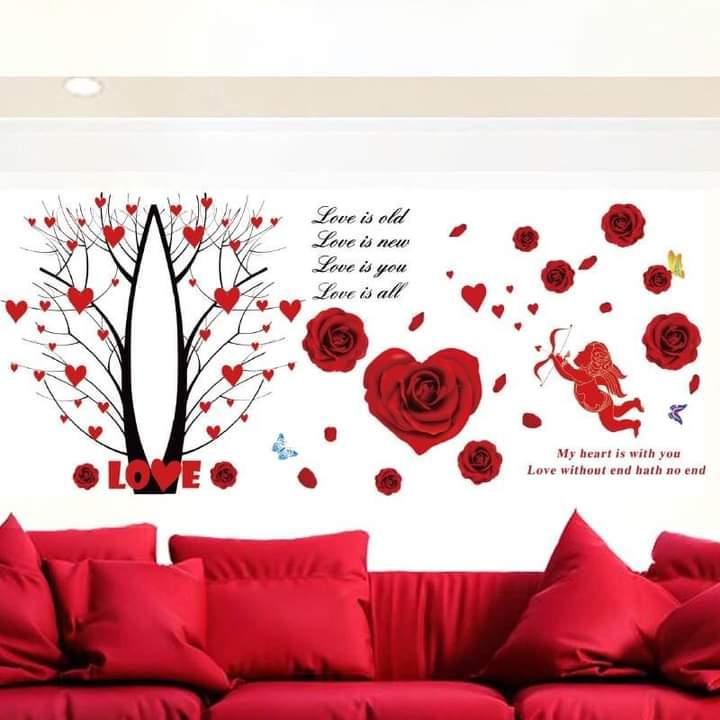 DECAL DÁN TƯỜNG CÂY TRÁI TIM VÀ HOA HỒNG ĐỎ