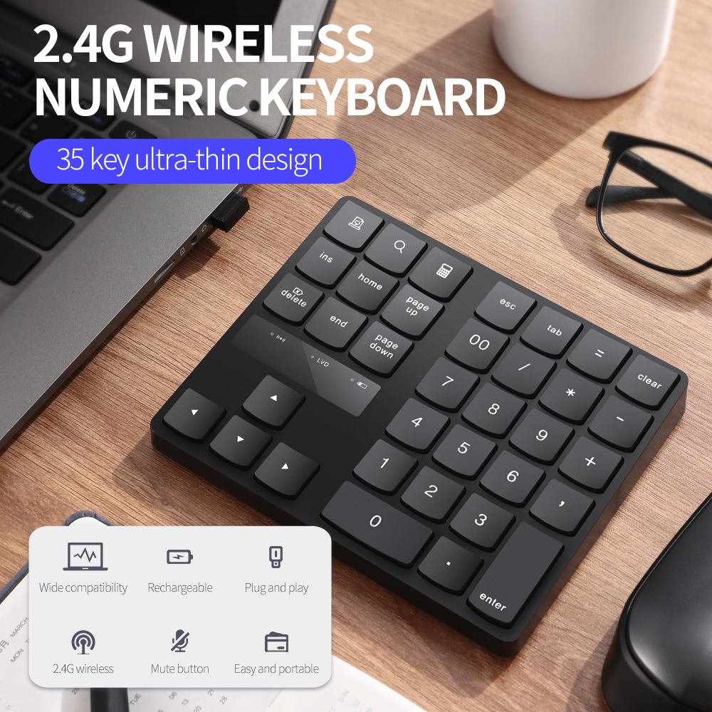 Bàn Phím Văn Phòng Không Dây 2.4g 35 Phím Với Pin Sạc, Màu Đen