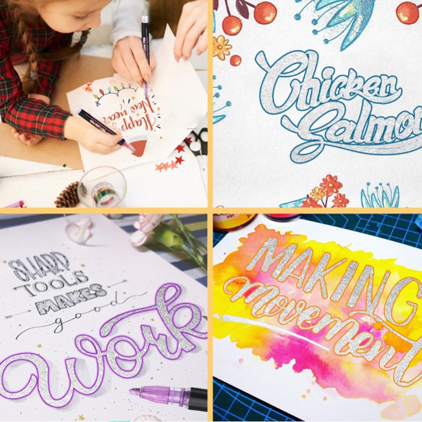Double Line Outline Pens,12 Colours Outline Pens Fluorescent Glitter Two-Line Pen Permanent Marker Waterproof Pen for Card Making
