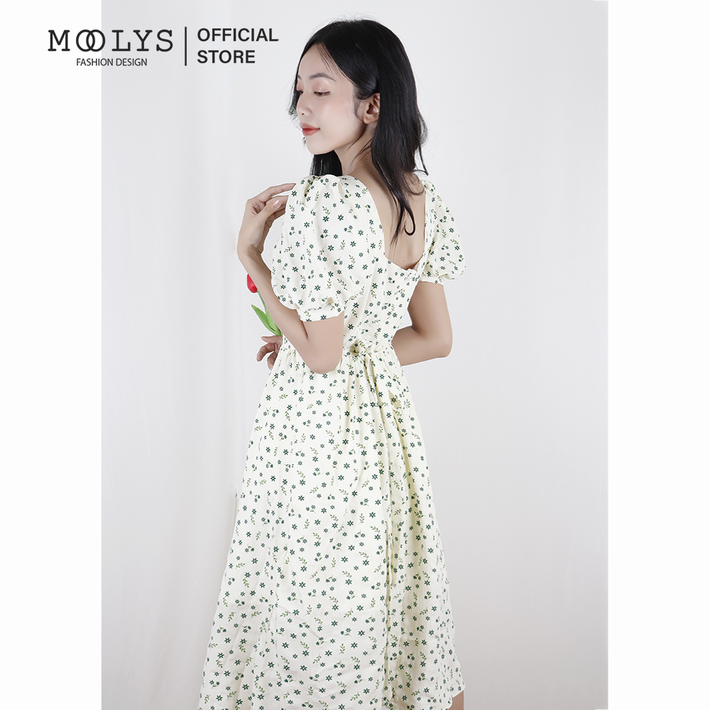 Đầm dài hoa nhí cổ vuông tay phồng dễ thương Moolys MD005