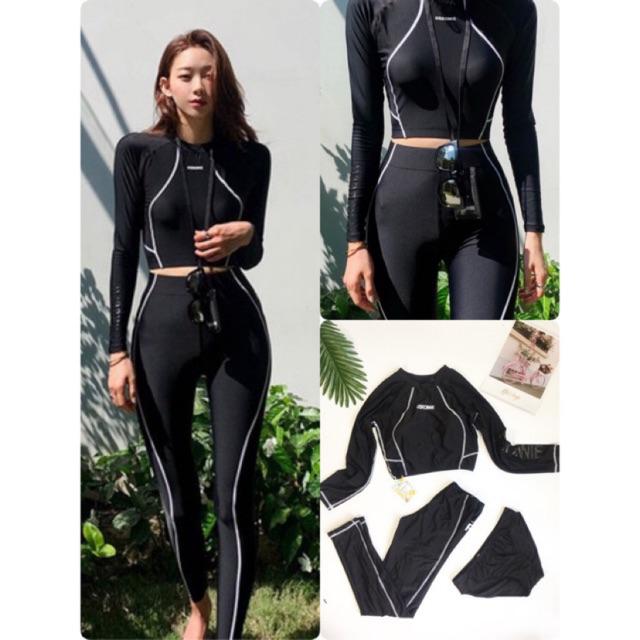 Đồ bơi tay dài áo croptop quần dài viền trắng (ẢNH THẬT