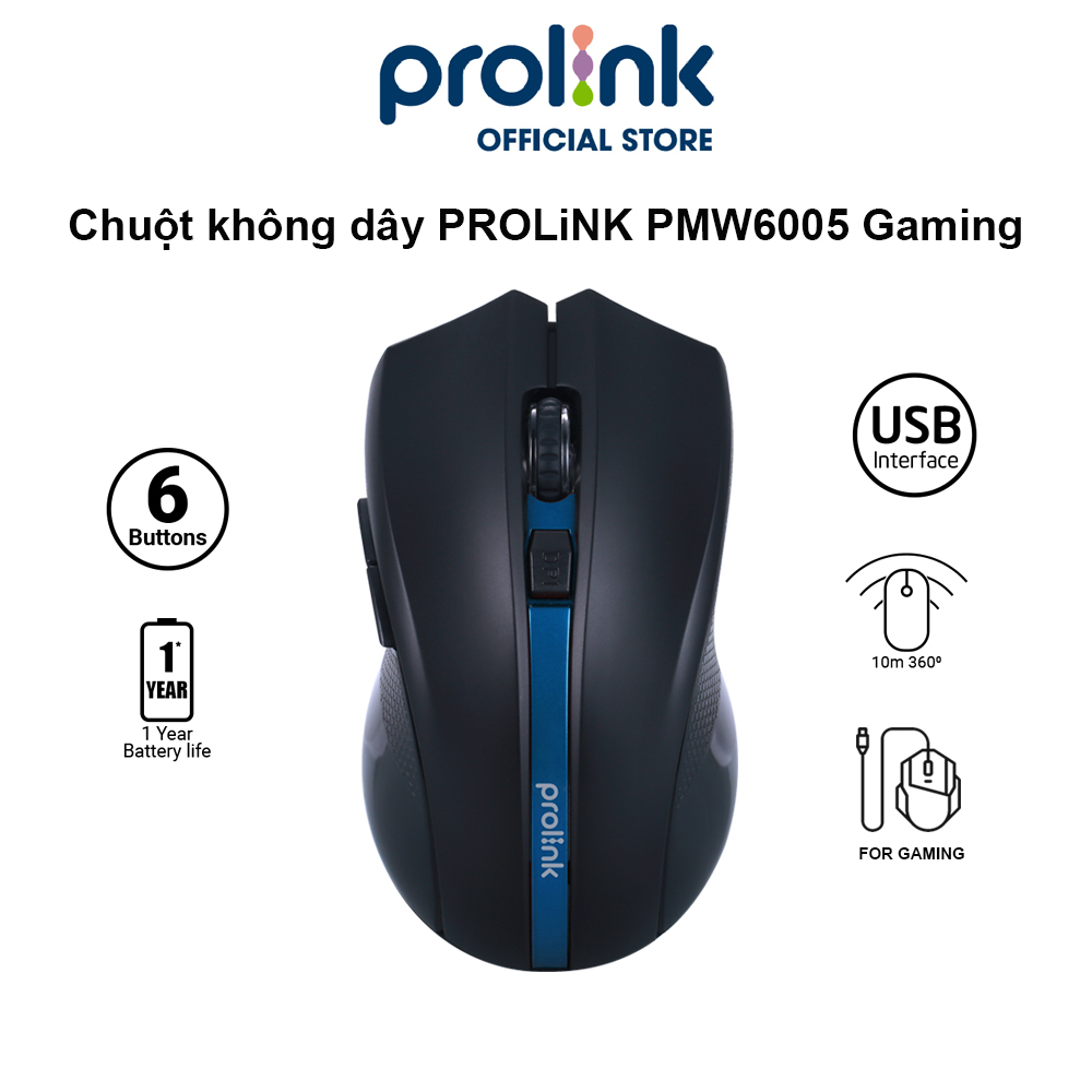 Chuột không dây PROLiNK PMW6005 kiểu dáng Gaming, tiết kiệm pin, độ nhạy cao dành cho PC, Laptop - Hàng chính hãng