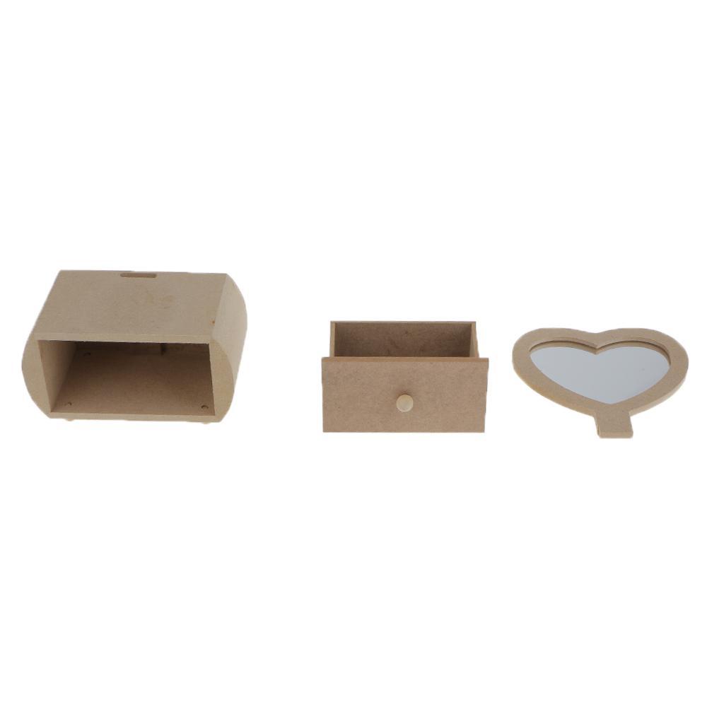 Wooden Dollhouse Jewelry Storage Box 1 Drawer Chest Case With Heart Mirror