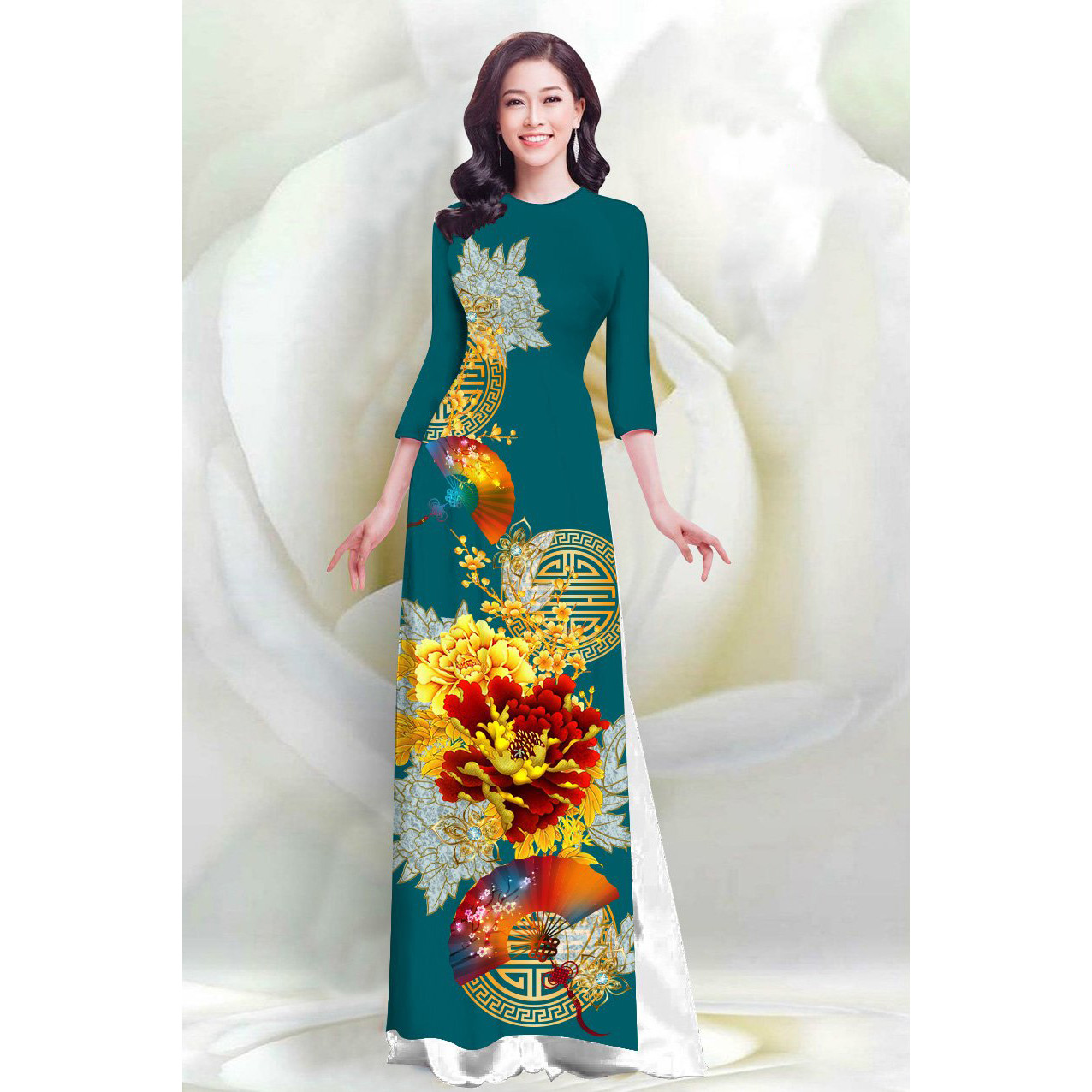 SÉT ÁO DÀI LỤA TRUYỀN THỐNG IN HOA & QUẠT MÀU XANH