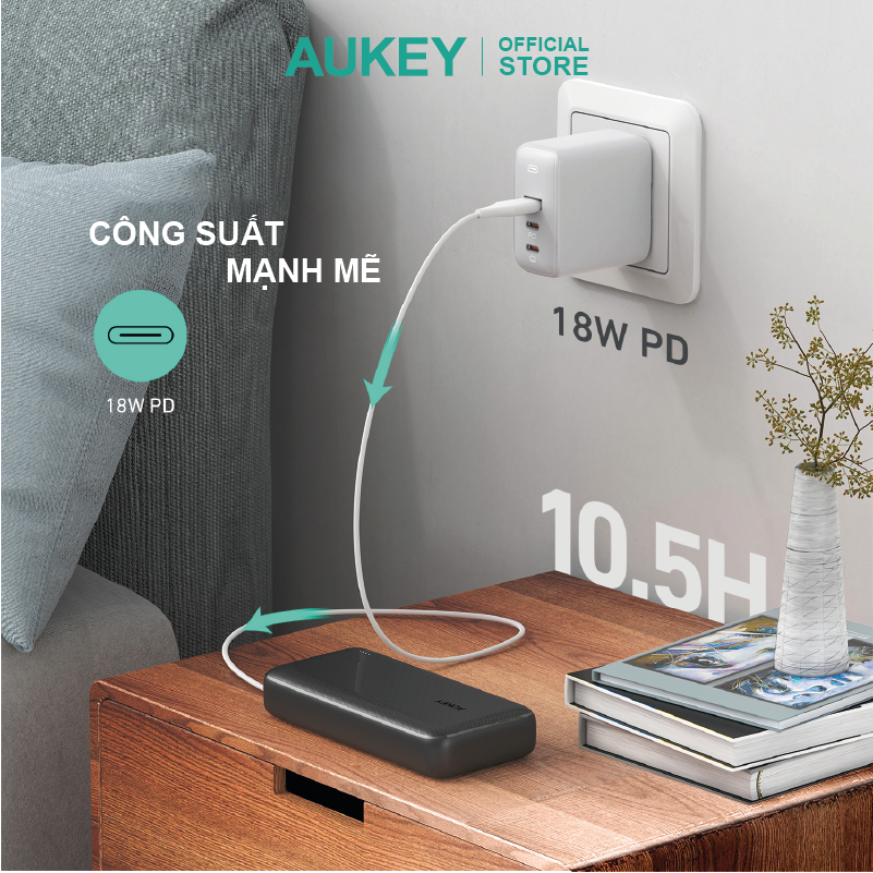 Pin dự phòng 20000mAh sạc nhanh 22.5W Aukey PB-N74S màu đen, hàng chính hãng