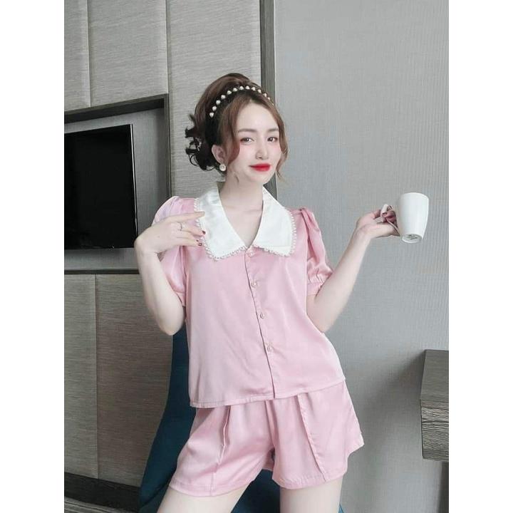 Đồ Bộ Mặc Nhà Lụa LaTin Cao Cấp Mùa hè, Lụa Pyjama cổ sen ngắn