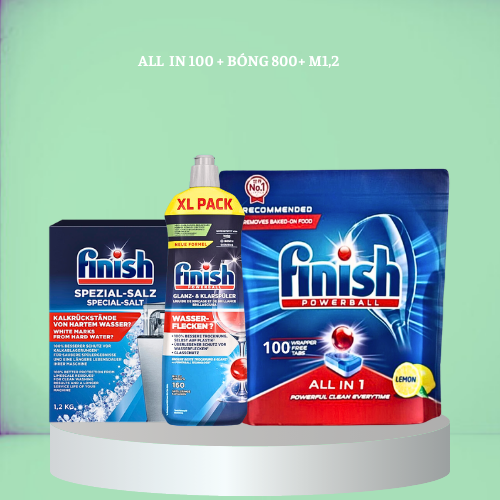 Combo Viên rửa bát fnish All in one 100 viên+Dung dịch nước làm bóng finish 750ml+Muối rửa bát chén finish 750ml cho Máy rửa bát