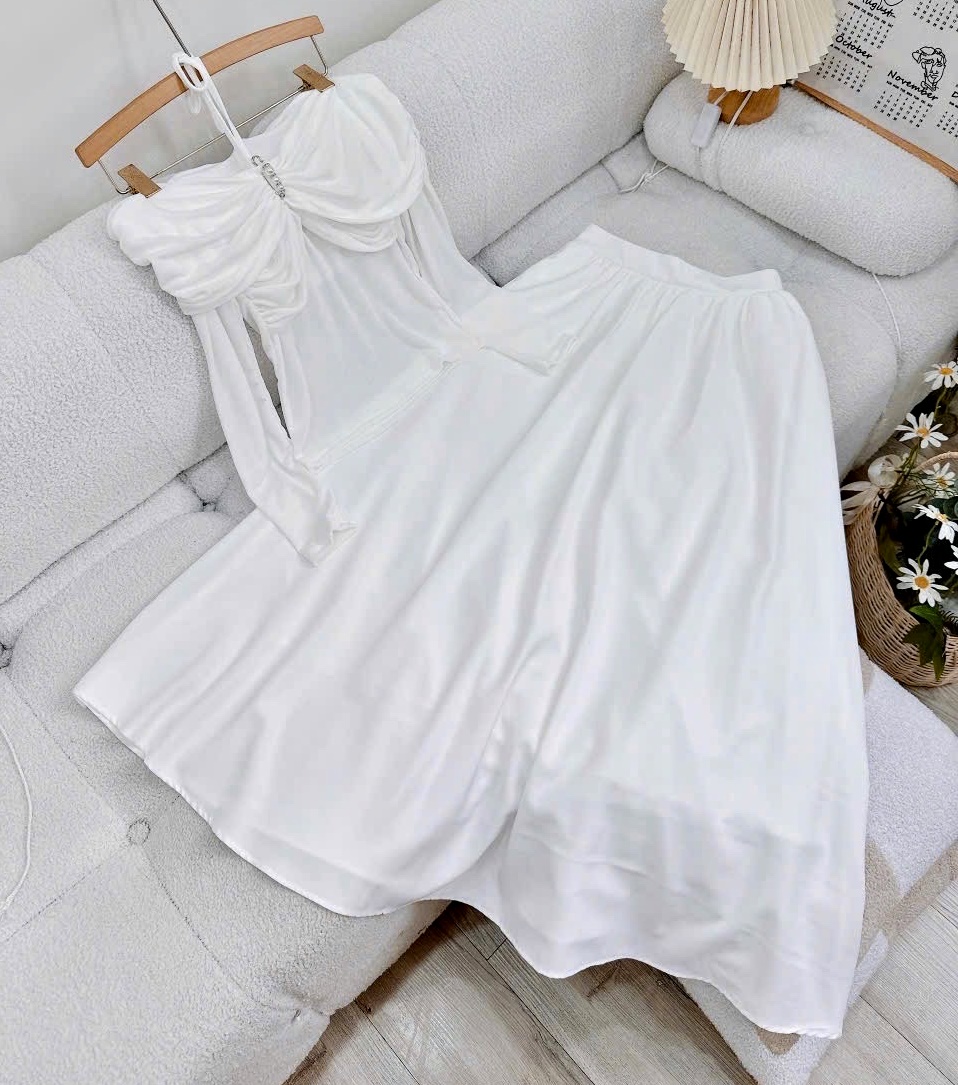 ĐẦM SET ÁO CROPTOP THUN TRỄ VAI 2 DÂY YẾM ÔM BODY + CHÂN VÁY DÀI LƯNG CAO MIDI XÒE CHỮ A ĐI TIỆC NOEL GIÁNG SINH ĐI CHƠI DẠO PHỐ ĐI BIỂN