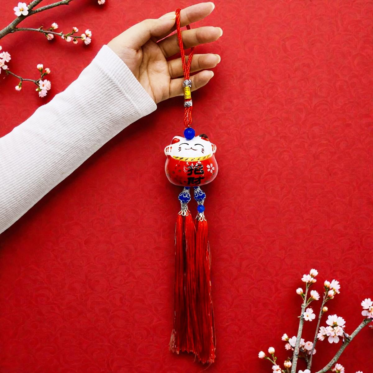 Dây Mèo May Mắn Treo Xe - Màu Đỏ