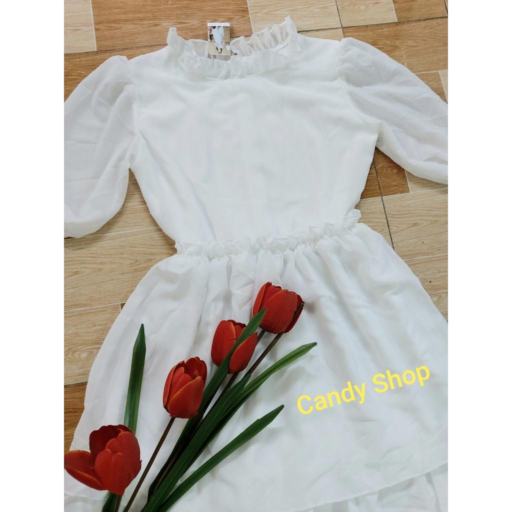 Đầm voan xoè 3 tầng tay cột nơ cổ bèo