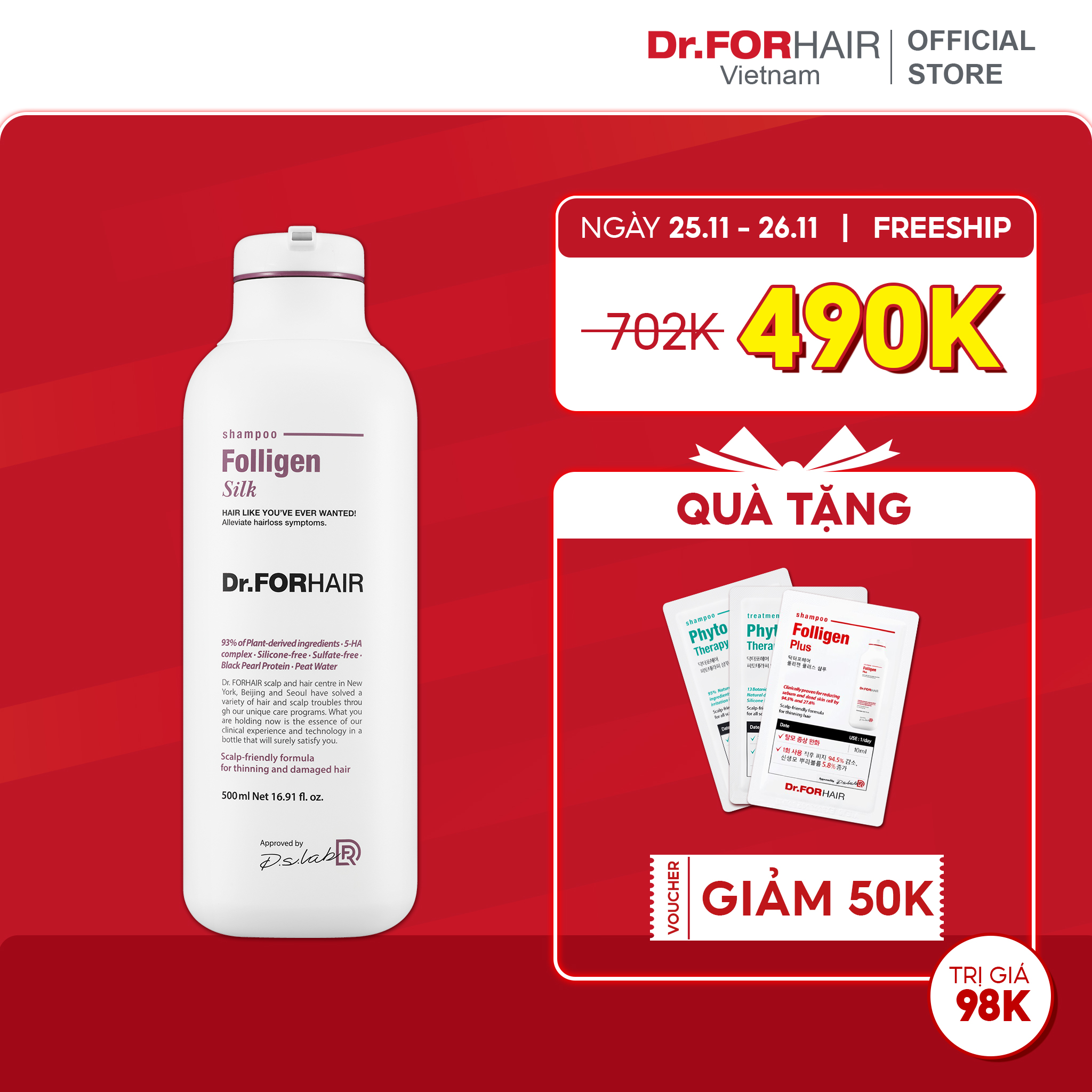 Dầu gội đầu phục hồi tóc mỏng và hư tổn, làm sạch dầu thừa Dr.FORHAIR FOLLIGEN SILK SHAMPOO 500ml