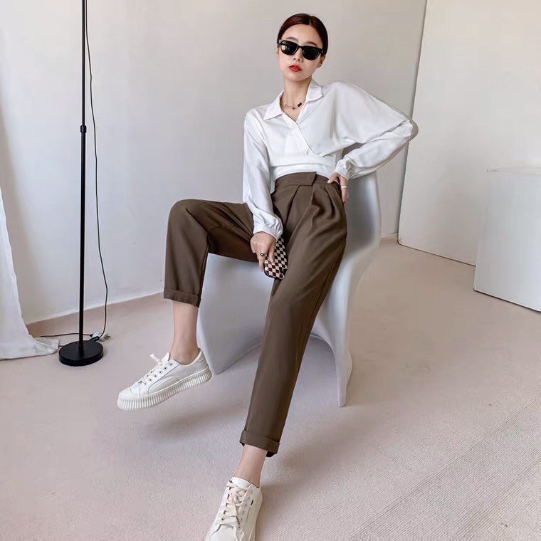 Quần tây dài baggy công sở nữ cạp cao xếp ly che khuyết điểm chân dễ phối đồ mặc đi làm, đi chơi dạo phố màu đen trắng xám nâu phù hợp với mùa xuân hè thu vải tuyết mưa cao cấp