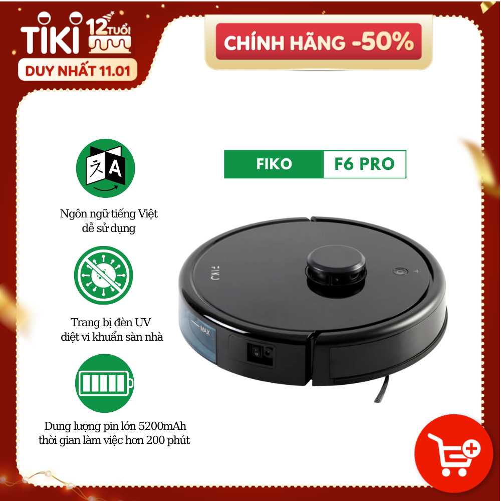 Robot hút bụi lau nhà Fiko F6 Pro , Giao diện Tiếng Việt vừa hút vừa lau diệt khuẩn Hàng chính hãng mới 100%