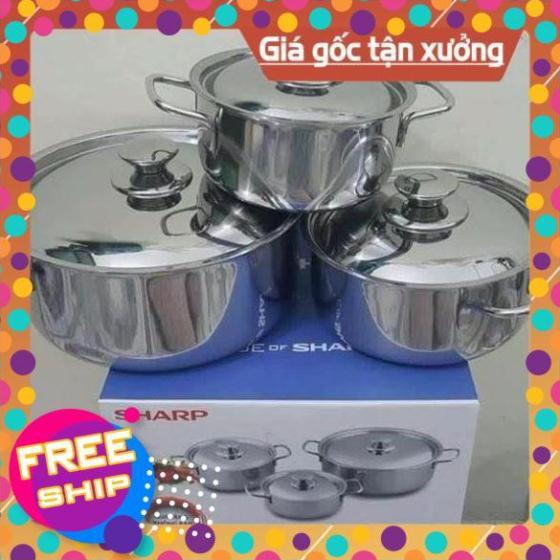 [Bán gía Gốc] Bộ nồi SHARP inox cao cấp (BỘ 3 NỒI), Bộ nồi sharp 3 chiếc dùng cho cả bếp từ