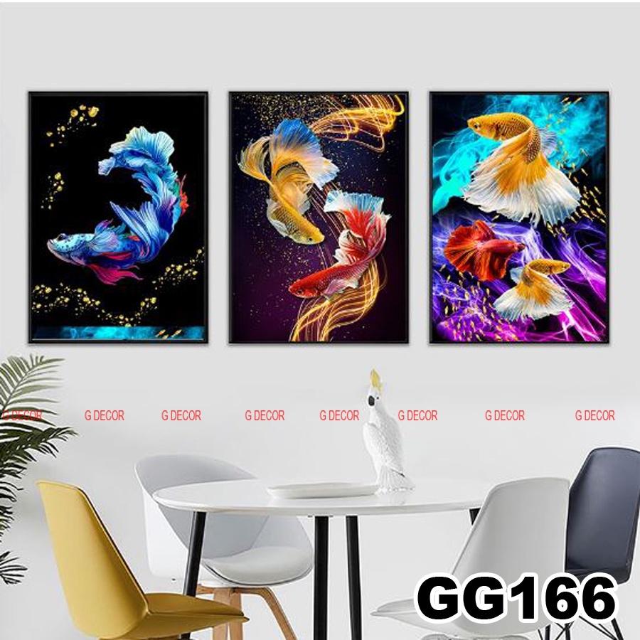 Tranh treo tường canvas 3 bức phong cách hiện đại Bắc Âu 109, tranh cá rồng trang trí phòng khách, phòng ngủ, spa, decor