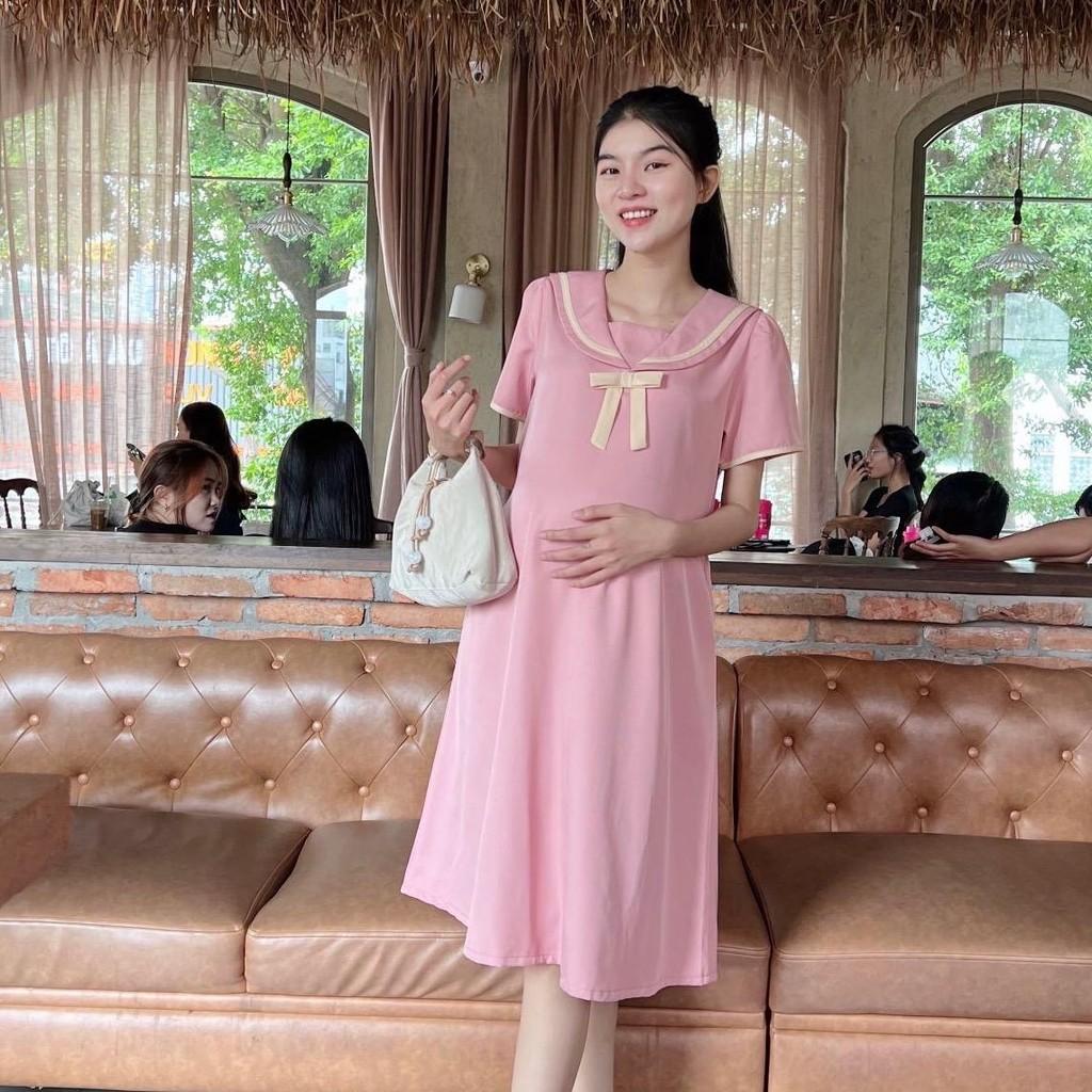 Đầm bầu cotton lạnh cổ sen đính nơ viền cách điệu dễ thương - Đen