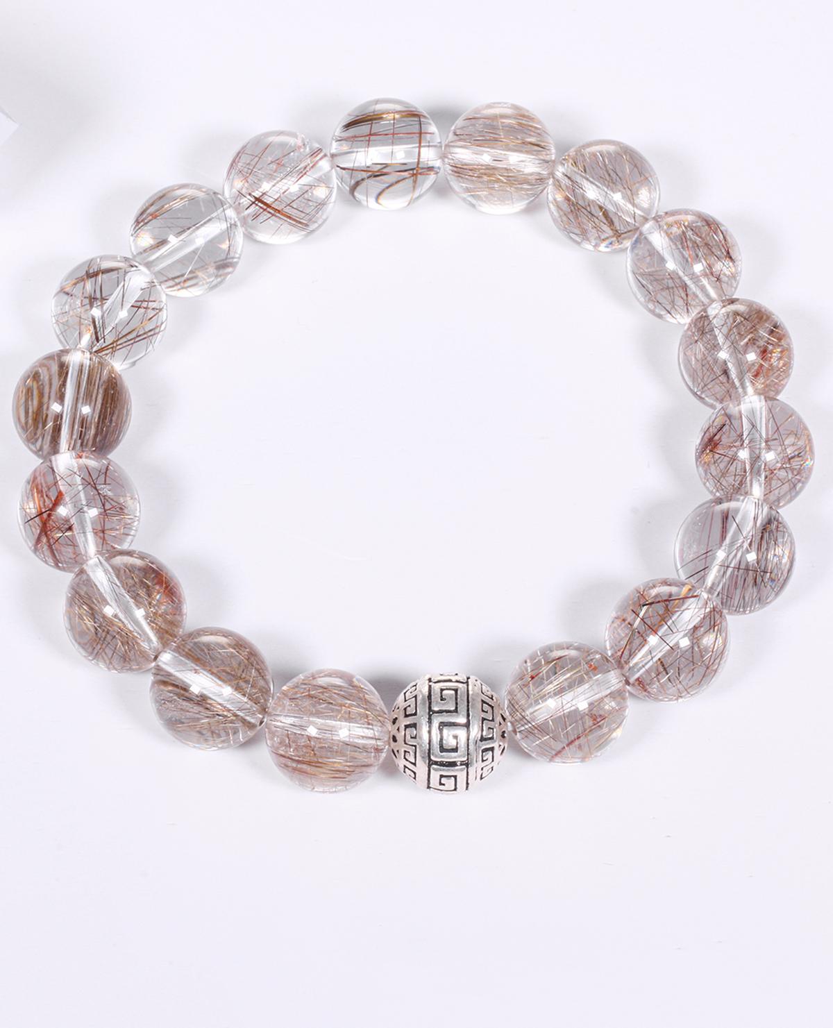 Vòng tay đá thạch anh tóc ánh kim mix charm cầu bạc hạt đá 13mm mệnh thủy, kim - Ngọc Quý Gemstones