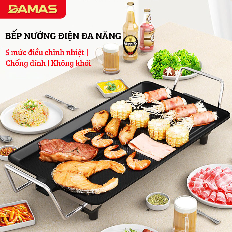 Bếp Nướng Điện DAMAS Electric Grill DK 7558 - Công suất 1500W mạnh mẽ - Thiết kế rãnh thoát dầu mỡ tiện dụng - Lớp phủ chống dính Greblon từ Đức - Hàng chính hãng