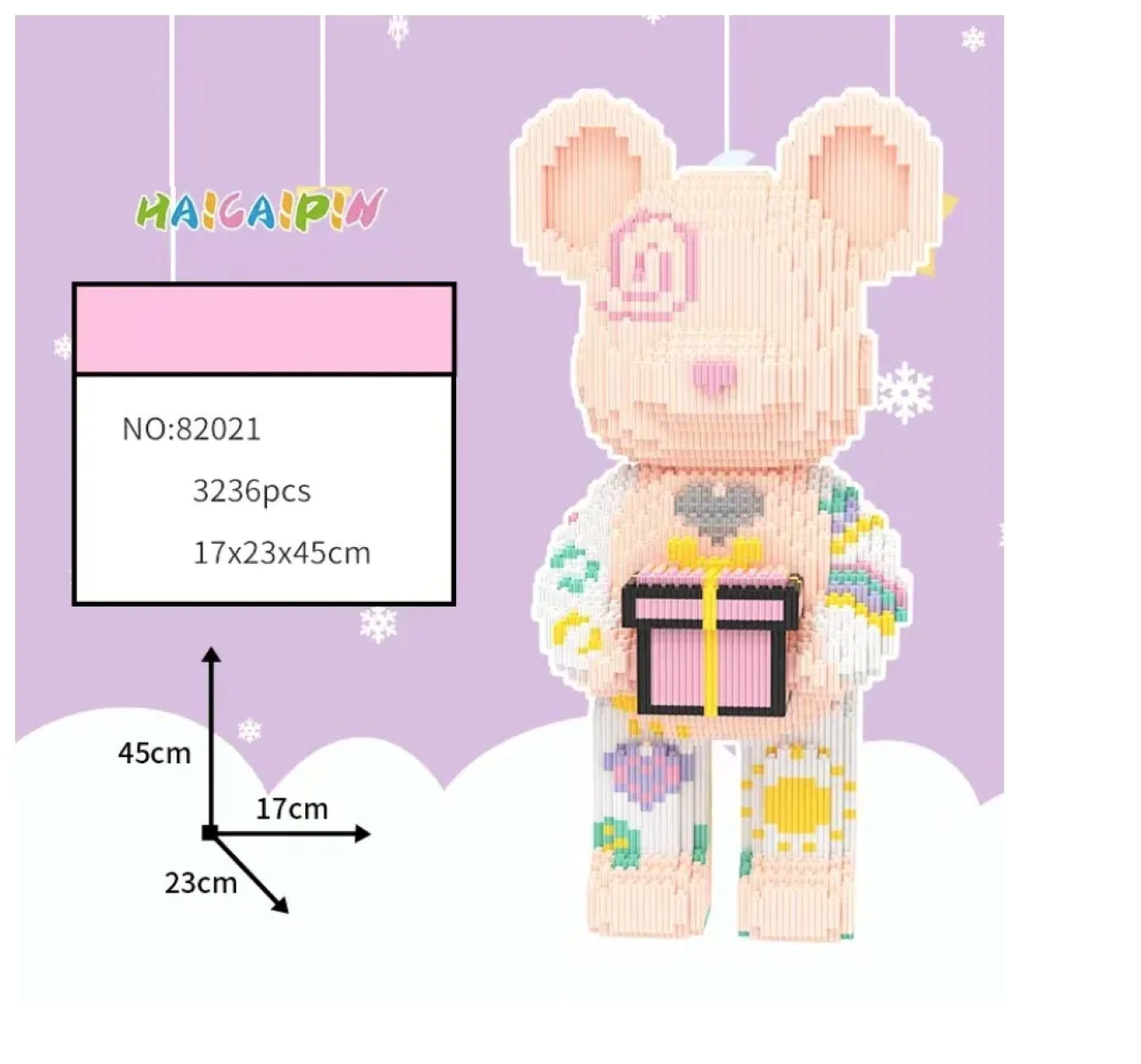 Mô hình lắp ráp Bearbrick khâu miệng ôm hộp quà màu hồng 45cm