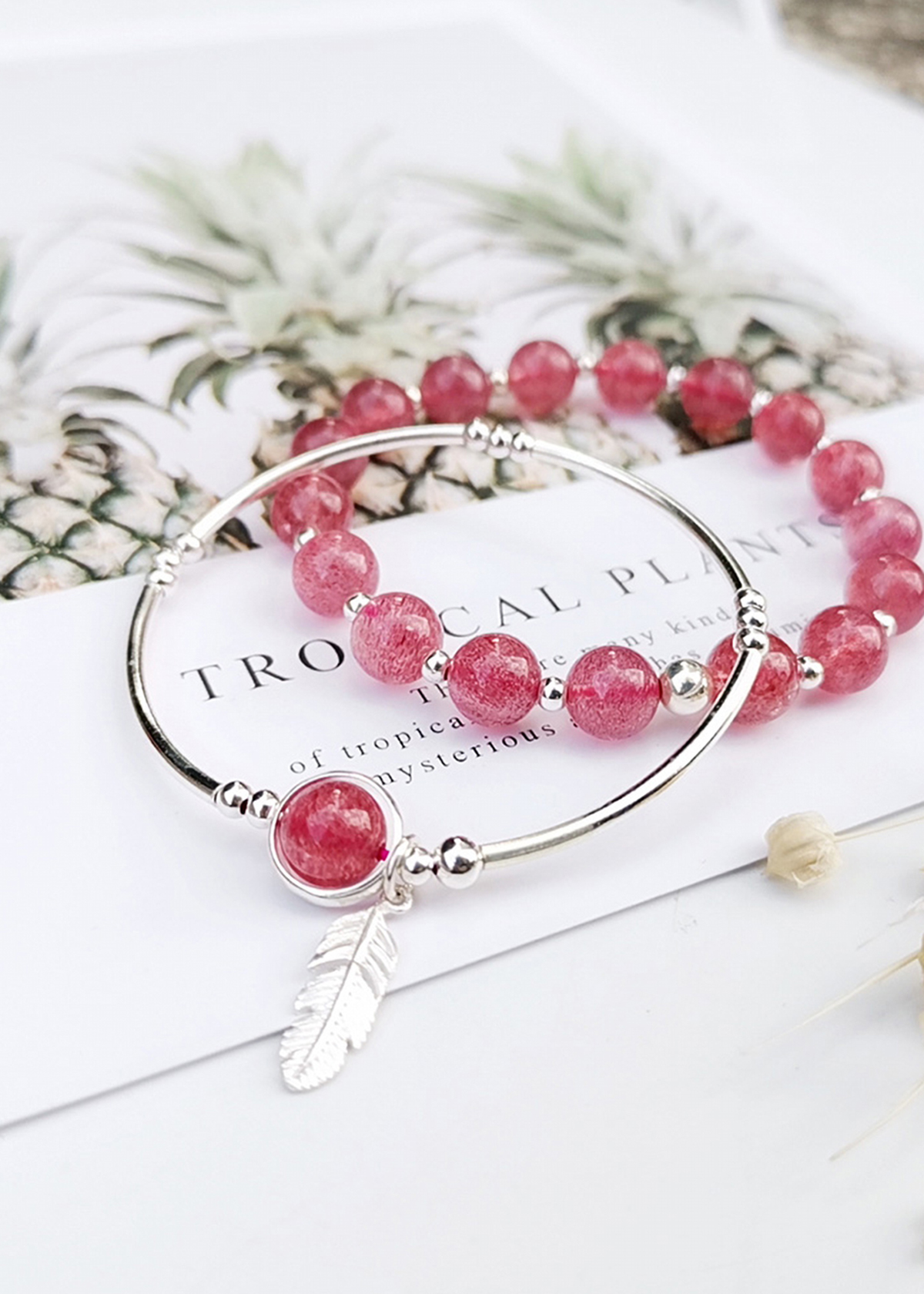 Vòng đôi đá thạch anh dâu phối charm lá bạc mệnh hỏa, thổ - Ngọc Quý Gemstones