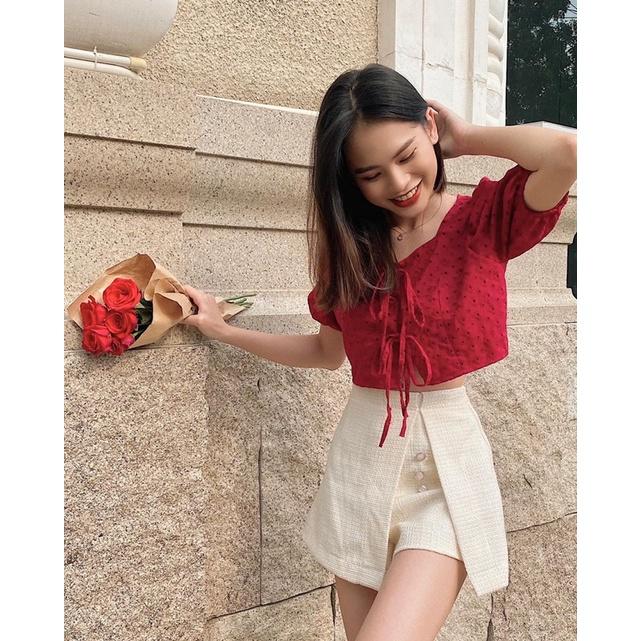 Áo kiểu croptop tay ngắn phồng Hàn Quốc cột nơ tiểu thư REVERCLOTHINGS Smiley Top