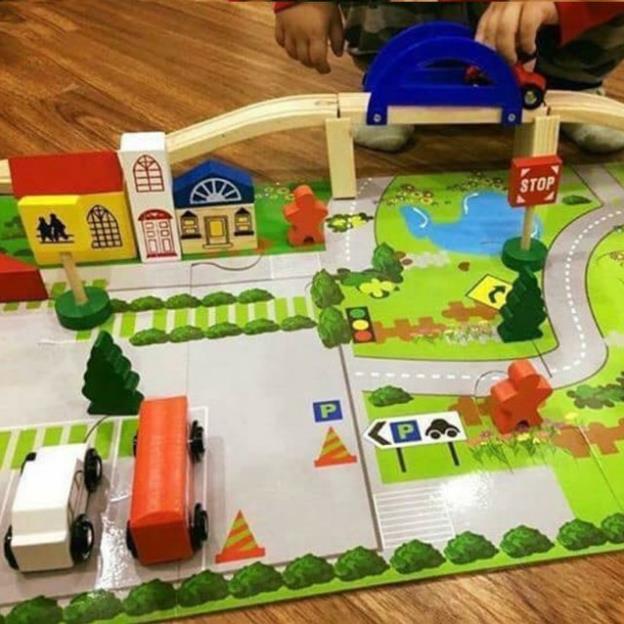 Đồ chơi lắp ráp đường đua gỗ cho xe ô tô,  lắp ghép mô hình giao thông thành phố, đồ chơi cho bé trên 3 tuổi