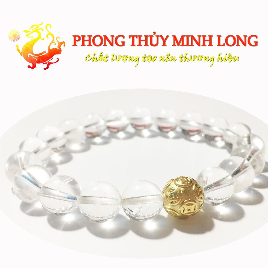Vòng tay đá. thach anh Trắng chất lượng 5A mix 1 Hạt Kim Tiền Vàng hợp mệnh Kim và Thủy