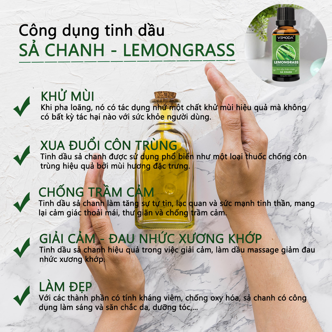 Tinh dầu xông phòng cao cấp gồm 2 chai tinh dầu nguyên chất: tinh dầu Sả chanh + tinh dầu Vỏ quế Vemoda