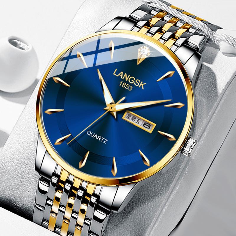 Phong cách mới nhất Lang Shi Kai đồng hồ nam mới chống thấm nước dạ quang lịch đôi phiên bản Hàn Quốc của đồng hồ thạch anh dây thép nam