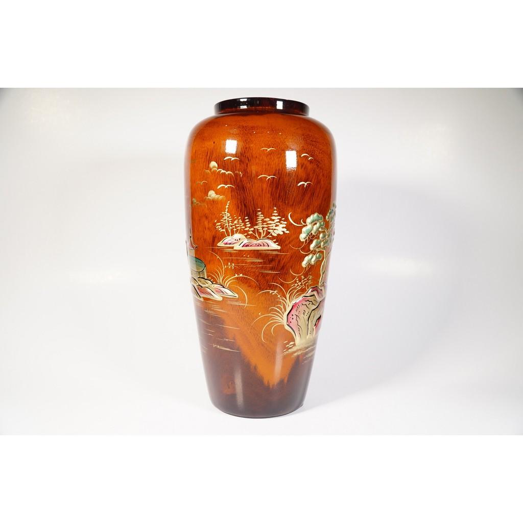 Bình hoa gỗ lớn vẽ cảnh chùa nổi lá lan mỹ nghệ cao cấp - Cao 30cm