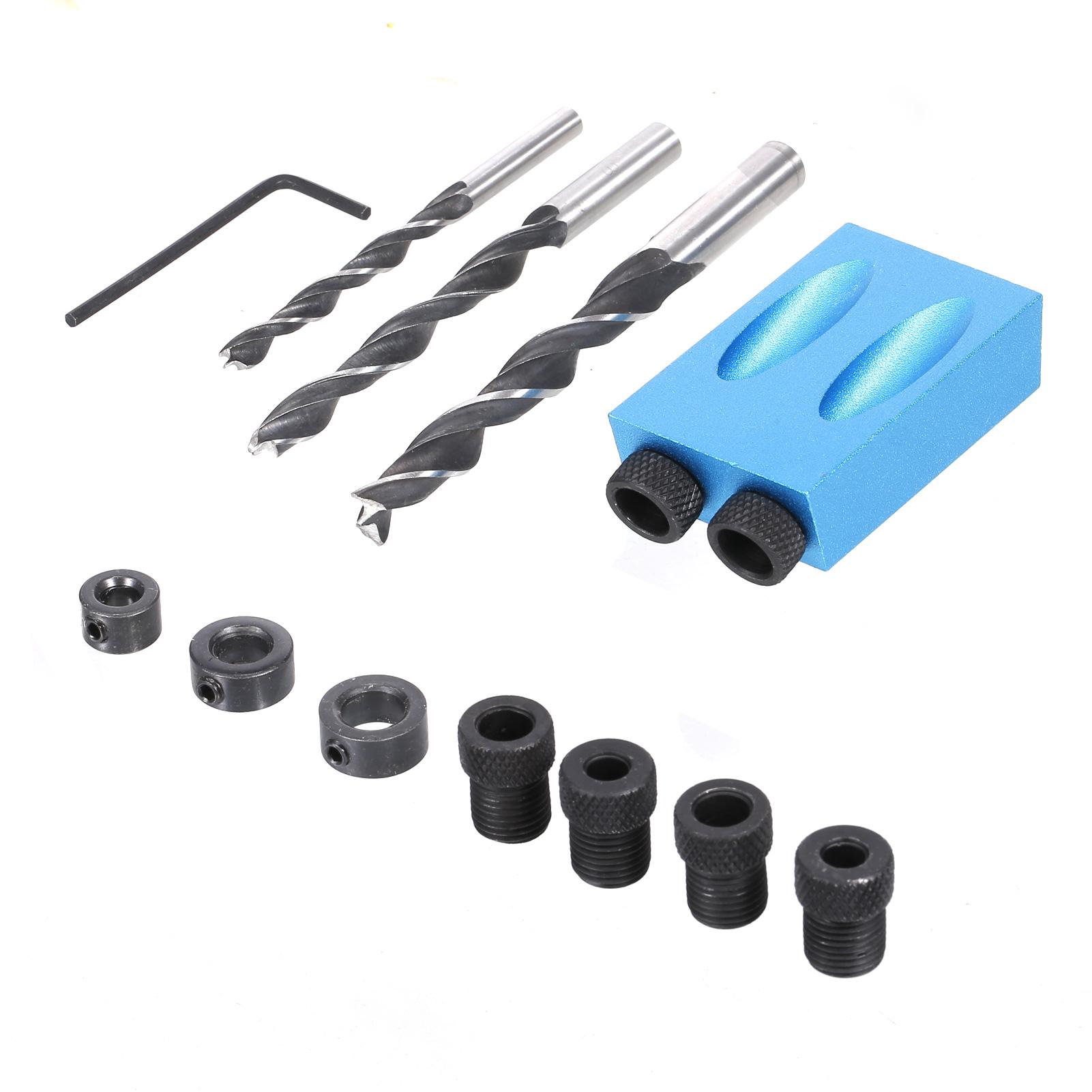 Mũi gá lỗ bỏ túi bao gồm 1 bộ định vị, 1 chìa khóa lục giác, 3 mũi khoan, 3 nút chặn và 6 tay khoan.