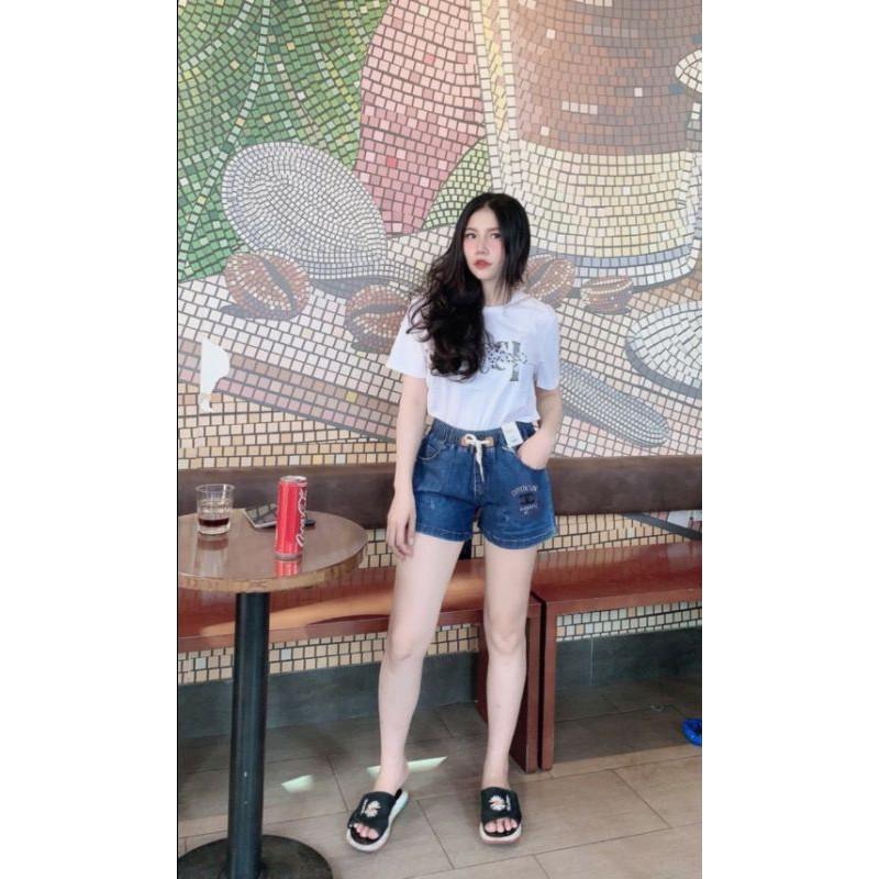 Quần Sooc Jeans Thêu Cạp Chun