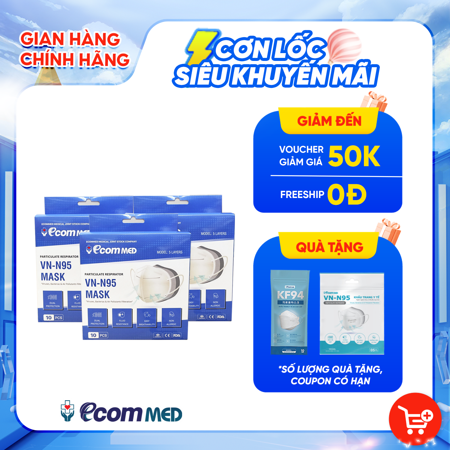 Khẩu Trang N95 EcomMed Combo 3 Hộp