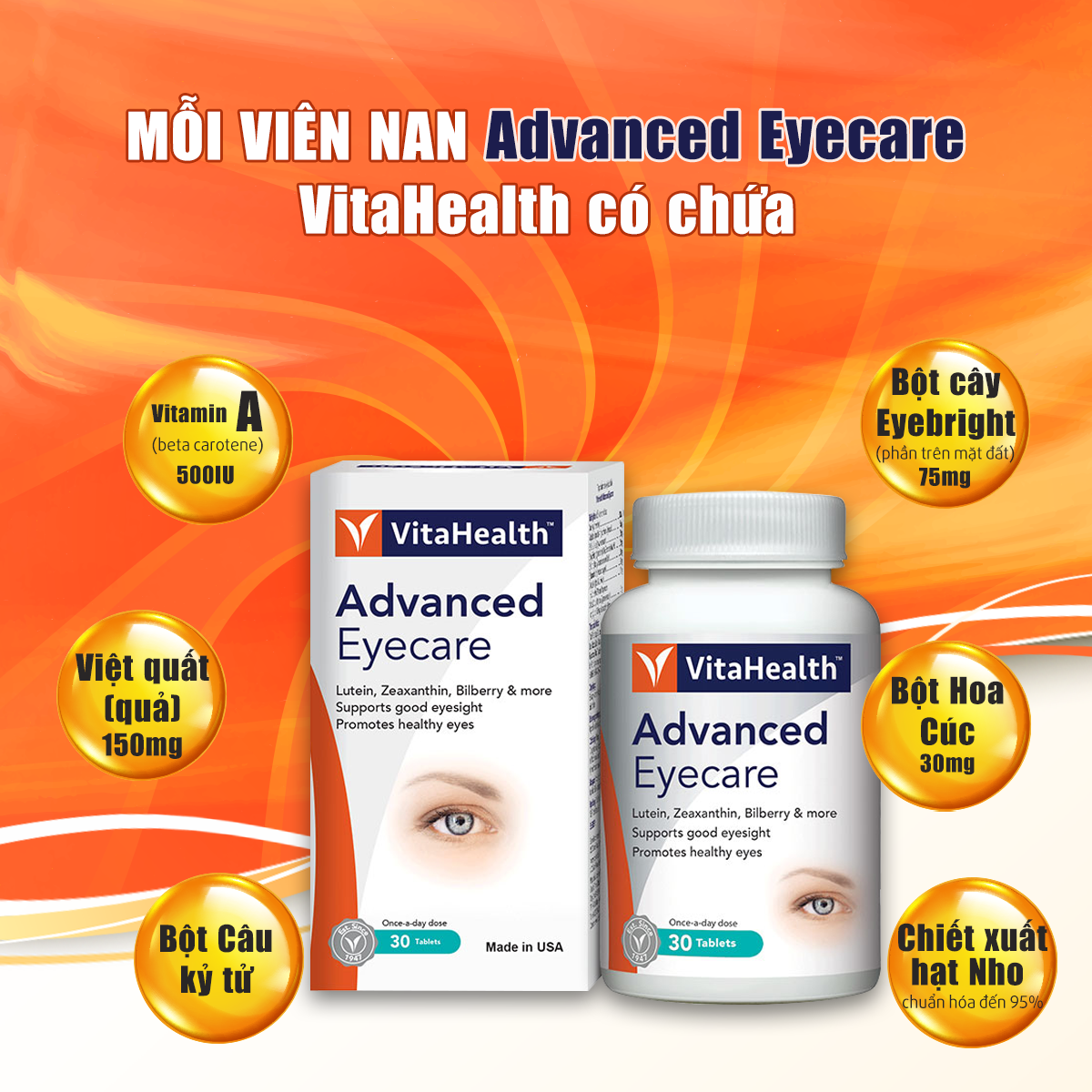 Hình ảnh Viên Uống Bổ Mắt Hỗ Trợ Tăng Cường Thị Lực VITAHEALTH Advanced Eyecare Bổ Sung Vitamin A (30 Viên)