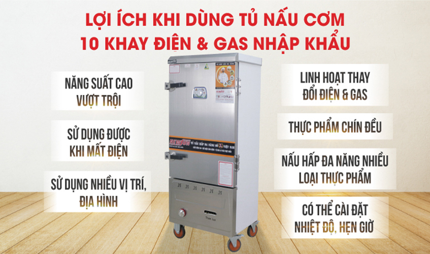 Tủ Nấu Cơm 30 Kg Gạo/ Mẻ Bằng Điện Gas 10 Khay Nhập Khẩu NEWSUN - Hàng Chính Hãng