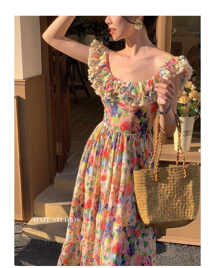 TOBE1SHOP 2023 Xuân và mùa hè Pháp Vintage váy một chiều vai trà nghỉ váy hở vai tranh sơn dầu in đầm mùa xuân nữ