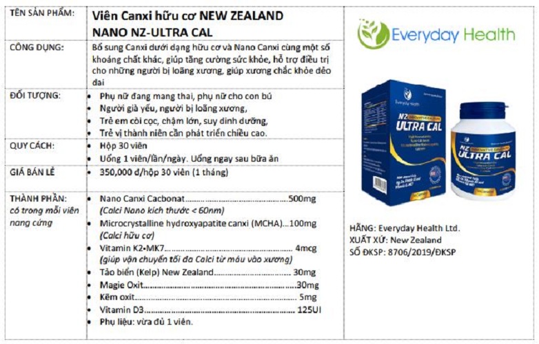 Viên uống canxi hữu cơ nhập khẩu chính hãng New Zealand Canxi Nano NZ ULTRA CAL  giúp giảm nguy cơ loãng xương, giúp xương chắc khỏe, phát triển chiều cao